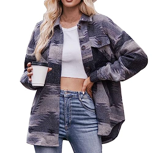 YAOJIWANG Hemdjacke Langarm Damen Geometrischer Druck Jacke Shacket Mantel Hemdbluse mit Knöpfen Revers Button-Down-Bluse Shacket Elegant Strickjacke Blusenshirt Musselin Tunika Bluse Sale Clearance von YAOJIWANG