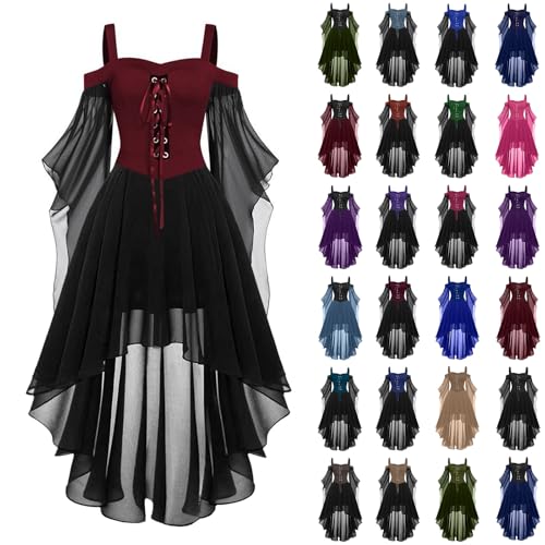 YAOJIWANG Mittelalterliches Kleid für Damen, Retro Glockenärmel Einfarbig Prinzessinnenkleid Gothic Cosplay Kostüm Renaissance Vintage Hexenkleid Gürtelkleid Karneval Halloween Oktoberfest Kleider von YAOJIWANG