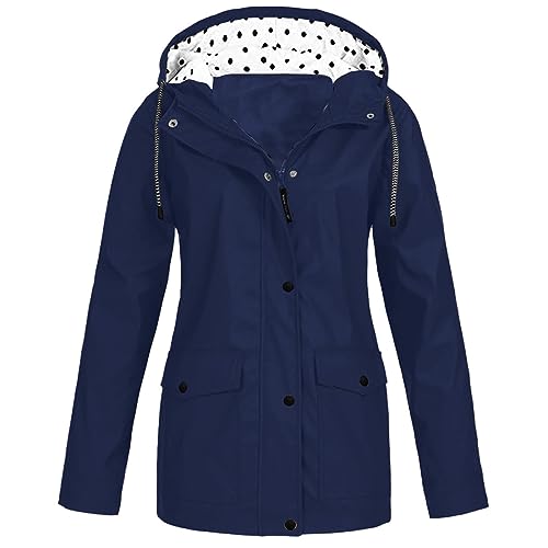 YAOJIWANG Regenjacke Damen Wasserdicht mit Kapuze Windbreaker Regenmantel Atmungsaktiv Fahrradjacke Übergangsjacke Herbst und Winterjacke mit Reißvers und Taschen Wetterfest Leichte Outdoorjacke von YAOJIWANG