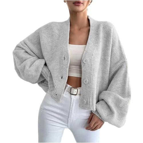 YAOJIWANG Strickbaumwolle Pullover Damen V-Ausschnitt Lange Strickjacke Damen Jacke mit Puffärmel Sweatshirt Zum Drüberziehen Damenpullover Langarm Freizeit Cardigan Strickmantel mit Knopfleiste von YAOJIWANG