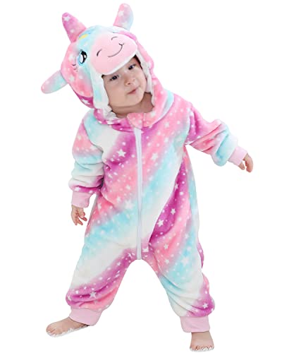 YAOMEI Baby Strampler mit Kapuze Kinder Jungen Mädchen Jumpsuits Overall, Flanell Kostüm Tier Onesie Nachthemd Schlafanzug Nachtwäsche Cosplay Kigurum Outfits Weihnachten Halloween (Einhorn, 80) von YAOMEI