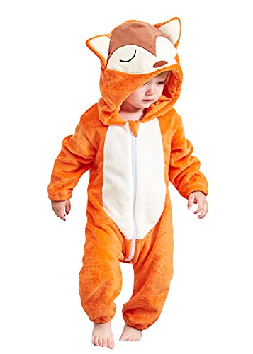 YAOMEI Baby Strampler mit Kapuze Kinder Jungen Mädchen Jumpsuits Overall, Flanell Kostüm Tier Onesie Nachthemd Schlafanzug Nachtwäsche Cosplay Kigurum Outfits Weihnachten Halloween (Fuchs, 80) von YAOMEI