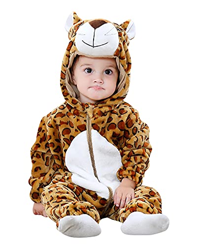 YAOMEI Baby Strampler mit Kapuze Kinder Jungen Mädchen Jumpsuits Overall, Flanell Kostüm Tier Onesie Nachthemd Schlafanzug Nachtwäsche Cosplay Kigurum Outfits Weihnachten Halloween (Leopard, 100) von YAOMEI