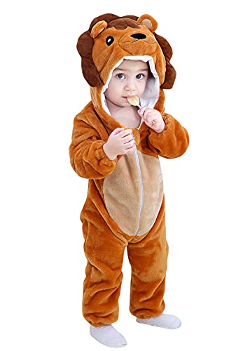 YAOMEI Baby Strampler mit Kapuze Kinder Jungen Mädchen Jumpsuits Overall, Flanell Kostüm Tier Onesie Nachthemd Schlafanzug Nachtwäsche Cosplay Kigurum Outfits Weihnachten Halloween (Löwe, 70) von YAOMEI