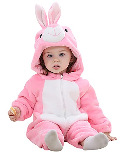 YAOMEI Baby Strampler mit Kapuze Kinder Jungen Mädchen Jumpsuits Overall, Flanell Kostüm Tier Onesie Nachthemd Schlafanzug Nachtwäsche Cosplay Kigurum Outfits Weihnachten Halloween (Pink, 110) von YAOMEI