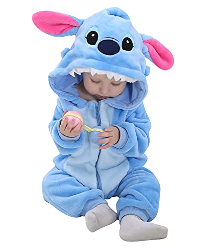 YAOMEI Baby Strampler mit Kapuze Kinder Jungen Mädchen Jumpsuits Overall, Flanell Kostüm Tier Onesie Nachthemd Schlafanzug Nachtwäsche Cosplay Kigurum Outfits Weihnachten Halloween (Stich, 110) von YAOMEI