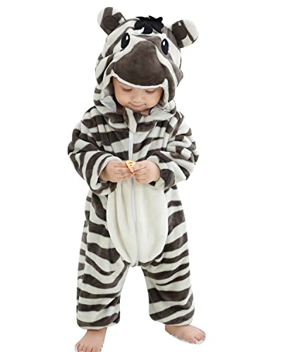 YAOMEI Baby Strampler mit Kapuze Kinder Jungen Mädchen Jumpsuits Overall, Flanell Kostüm Tier Onesie Nachthemd Schlafanzug Nachtwäsche Cosplay Kigurum Outfits Weihnachten Halloween (Zebra, 100) von YAOMEI