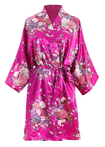 YAOMEI Damen Braut Brautjungfer Morgenmantel Kimono Satin Nachtwäsche Bademantel Robe Funkeln Kirschblüten Negligee Schlafanzug S-2XL (Fehlschlag: 126 cm, Fit für S bis 2XL, Rose) von YAOMEI