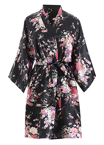 YAOMEI Damen Braut Brautjungfer Morgenmantel Kimono Satin Nachtwäsche Bademantel Robe Funkeln Kirschblüten Negligee Schlafanzug S-2XL (Fehlschlag: 126 cm, Fit für S bis 2XL, Schwarz) von YAOMEI