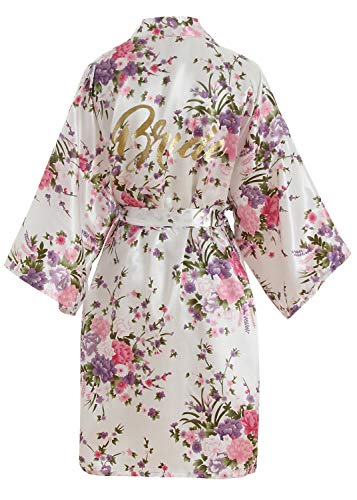 YAOMEI Damen Braut Brautjungfer Morgenmantel Kimono Satin Nachtwäsche Bademantel Robe Funkeln Kirschblüten Negligee Schlafanzug S-2XL (Fehlschlag: 126 cm, Fit für S bis 2XL, Weiß Braut) von YAOMEI
