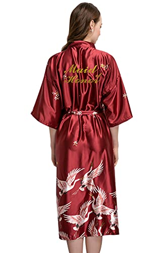 YAOMEI Damen Braut Brautjungfer Morgenmantel Kimono Satin Nachtwäsche Bademantel Robe Funkeln Kran Morgenmantel Negligee Schlafanzug (Brustbreite: 126cm, Rot-Maid of Honor) von YAOMEI