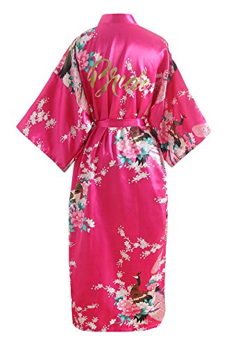 YAOMEI Damen Braut Brautjungfer Morgenmantel Kimono Satin Nachtwäsche Bademantel Robe Funkeln Pfau Morgenmantel Negligee Schlafanzug (Brustbreite: 126cm, Fit für S bis 2XL, Rose Braut) von YAOMEI