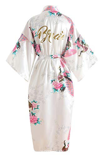 YAOMEI Damen Braut Brautjungfer Morgenmantel Kimono Satin Nachtwäsche Bademantel Robe Funkeln Pfau Morgenmantel Negligee Schlafanzug (Brustbreite: 126cm, Fit für S bis 2XL, Weiß Braut) von YAOMEI