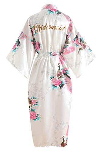 YAOMEI Damen Braut Brautjungfer Morgenmantel Kimono Satin Nachtwäsche Bademantel Robe Funkeln Pfau Morgenmantel Negligee Schlafanzug (Brustbreite: 126cm, Fit für S bis 2XL, Weiß Brautjungfer) von YAOMEI