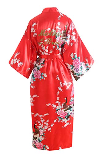 YAOMEI Damen Braut Brautjungfer Morgenmantel Kimono Satin Nachtwäsche Bademantel Robe Funkeln Pfau Morgenmantel Negligee Schlafanzug (Brustbreite: 126cm, Rot-Mother of Bride) von YAOMEI