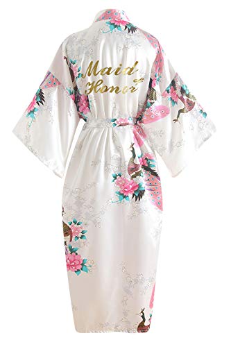 YAOMEI Damen Braut Brautjungfer Morgenmantel Kimono Satin Nachtwäsche Bademantel Robe Funkeln Pfau Morgenmantel Negligee Schlafanzug (Brustbreite: 126cm, Weiß-Maid of Honor) von YAOMEI