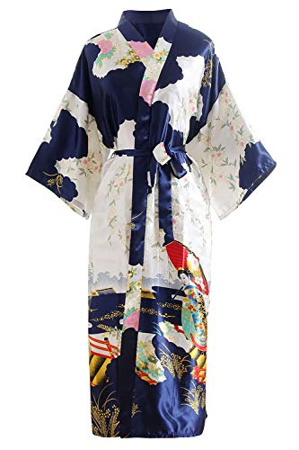 YAOMEI Damen Braut Brautjungfer Morgenmantel Kimono Satin Nachtwäsche Bademantel Robe Geisha-Blüten Negligee Schlafanzug S-2XL (Fehlschlag: 126 cm, Fit für S bis 2XL, Blau) von YAOMEI