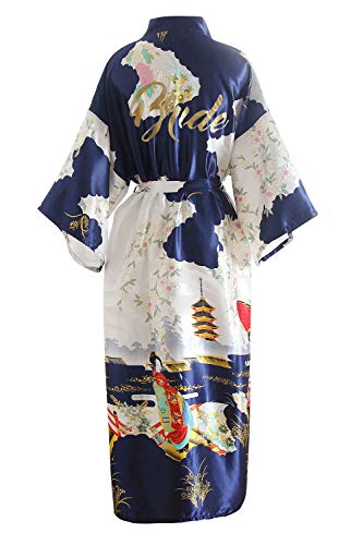 YAOMEI Damen Braut Brautjungfer Morgenmantel Kimono Satin Nachtwäsche Bademantel Robe Geisha-Blüten Negligee Schlafanzug S-2XL (Fehlschlag: 126 cm, Fit für S bis 2XL, Blau Bride) von YAOMEI