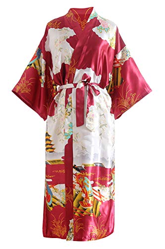 YAOMEI Damen Braut Brautjungfer Morgenmantel Kimono Satin Nachtwäsche Bademantel Robe Geisha-Blüten Negligee Schlafanzug S-2XL (Fehlschlag: 126 cm, Fit für S bis 2XL, Dunkelrot) von YAOMEI