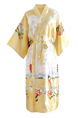 YAOMEI Damen Braut Brautjungfer Morgenmantel Kimono Satin Nachtwäsche Bademantel Robe Geisha-Blüten Negligee Schlafanzug S-2XL (Fehlschlag: 126 cm, Fit für S bis 2XL, Gold) von YAOMEI