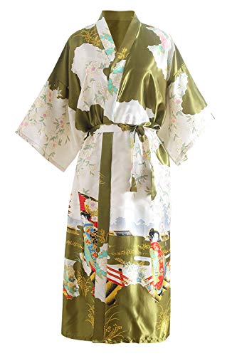 YAOMEI Damen Braut Brautjungfer Morgenmantel Kimono Satin Nachtwäsche Bademantel Robe Geisha-Blüten Negligee Schlafanzug S-2XL (Fehlschlag: 126 cm, Fit für S bis 2XL, Grün) von YAOMEI