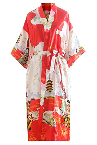 YAOMEI Damen Braut Brautjungfer Morgenmantel Kimono Satin Nachtwäsche Bademantel Robe Geisha-Blüten Negligee Schlafanzug S-2XL (Fehlschlag: 126 cm, Fit für S bis 2XL, Rot) von YAOMEI