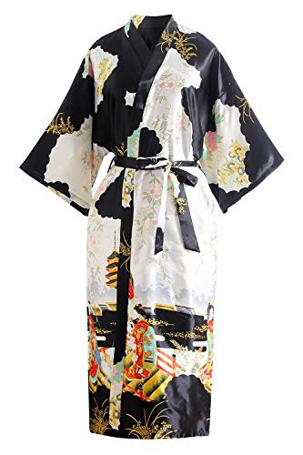 YAOMEI Damen Braut Brautjungfer Morgenmantel Kimono Satin Nachtwäsche Bademantel Robe Geisha-Blüten Negligee Schlafanzug S-2XL (Fehlschlag: 126 cm, Fit für S bis 2XL, Schawarz) von YAOMEI