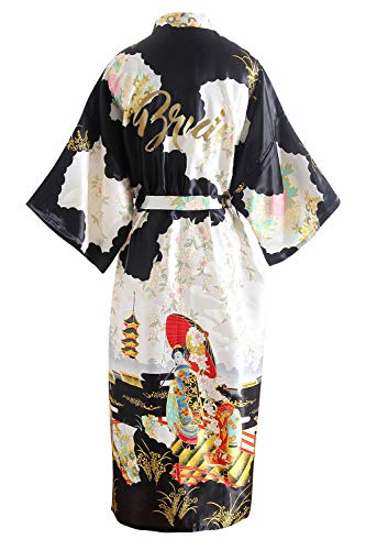 YAOMEI Damen Braut Brautjungfer Morgenmantel Kimono Satin Nachtwäsche Bademantel Robe Geisha-Blüten Negligee Schlafanzug S-2XL (Fehlschlag: 126 cm, Fit für S bis 2XL, Schawarz Bride) von YAOMEI