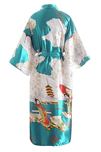 YAOMEI Damen Braut Brautjungfer Morgenmantel Kimono Satin Nachtwäsche Bademantel Robe Geisha-Blüten Negligee Schlafanzug S-2XL (One Size, Dunkelgrün) von YAOMEI