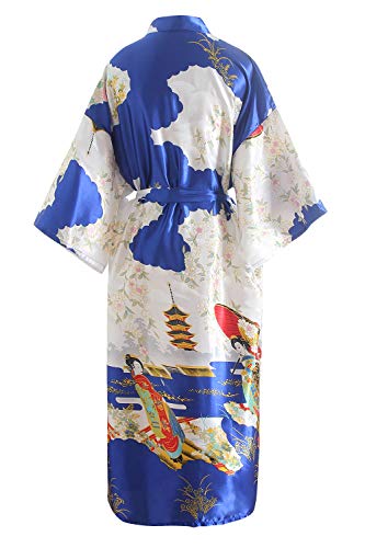 YAOMEI Damen Braut Brautjungfer Morgenmantel Kimono Satin Nachtwäsche Bademantel Robe Geisha-Blüten Negligee Schlafanzug S-2XL (One Size, Königsblau) von YAOMEI