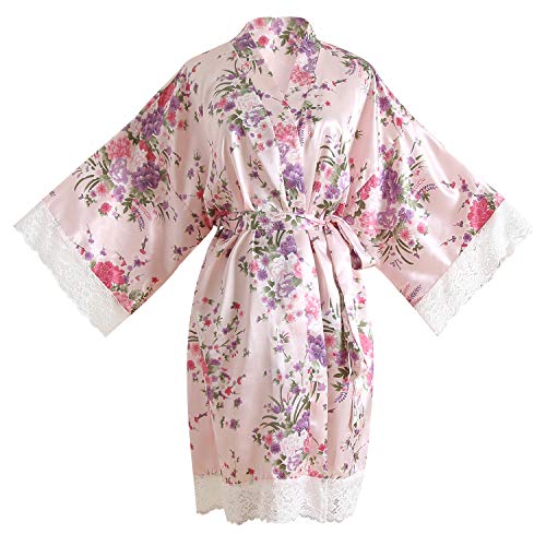 YAOMEI Damen Braut Brautjungfer Morgenmantel Kimono Satin Nachtwäsche Bademantel Robe Pfingstrose Kirschblüten Negligee Schlafanzug S-2XL (Fehlschlag: 126 cm, für S bis 2XL, RosaKirsche) von YAOMEI