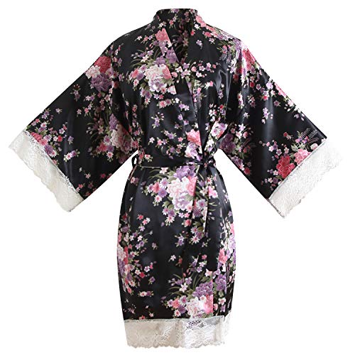 YAOMEI Damen Braut Brautjungfer Morgenmantel Kimono Satin Nachtwäsche Bademantel Robe Pfingstrose Kirschblüten Negligee Schlafanzug S-2XL (Fehlschlag: 126 cm, für S bis 2XL , SchwarzKirsche) von YAOMEI