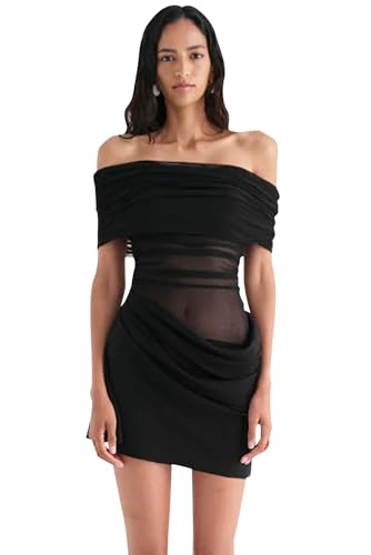 YAOMEI Damen Kleider Elegant Festlich Maxi Hochzeitsgast Kleid Ärmelloses Mini-Bodyconkleid mit Empire-Taille, Rüschen-Mesh-Stoff und offener Schulterpartie Cocktail Party Club Formale Kleidung von YAOMEI