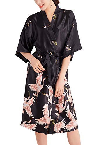 YAOMEI Damen Kran Morgenmantel Bademäntel Satin Kimono, Lang Nachtwäsche Nachthemd Robe Kimono Negligee locker Schlafanzug Spa Hotel Sauna Braut, Brautjungfer, Party, Bridal Shower (X-Large, Schwarz) von YAOMEI