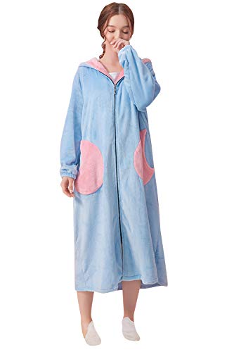 YAOMEI Damen Morgenmantel Bademäntel Kapuze, Winter Vlies Nachtwäsche Nachthemd Sweatshirt Decke Sherpa Robe Negligee Schlafanzug für Spa Hotel Sauna, Party, Shower Reißverschluss (A-Blau, M) von YAOMEI