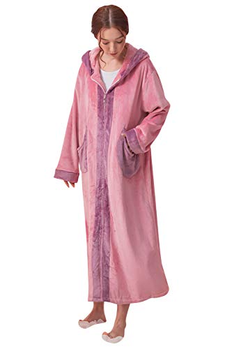 YAOMEI Damen Morgenmantel Bademäntel Kapuze, Winter Vlies Nachtwäsche Nachthemd Sweatshirt Decke Sherpa Robe Negligee Schlafanzug für Spa Hotel Sauna, Party, Shower Reißverschluss (A-Rose, M) von YAOMEI