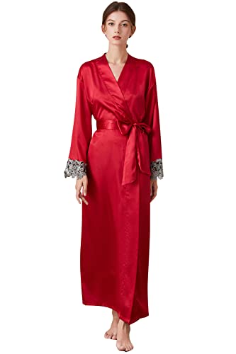 YAOMEI Damen Morgenmantel Bademäntel Satin Kimono, Lang Spitze Nachtwäsche Nachthemd Robe Kimono Negligee Schlafanzug für Spa Hotel Braut Brautjungfer, Party, Bridal Shower von YAOMEI