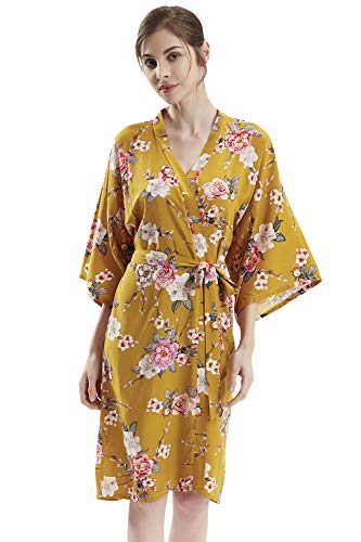 YAOMEI Damen Morgenmantel Kimono, Modale Baumwolle Nachtwäsche Bademantel Robe mit Kimono Negligee Modale Baumwolle locker Schlafanzug, Kurz Stil (Gelb) von YAOMEI