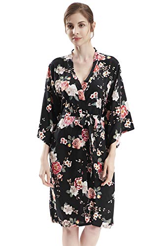 YAOMEI Damen Morgenmantel Kimono, Modale Baumwolle Nachtwäsche Bademantel Robe mit Kimono Negligee Modale Baumwolle locker Schlafanzug, Kurz Stil (Schwarz) von YAOMEI