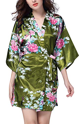 YAOMEI Damen Morgenmantel Kimono, Seidig Satin Nachtwäsche Bademantel Robe mit Peacock und Blume Kimono Negligee Seidenrobe locker Schlafanzug, Kurz Stil (Medium, Dunkelgrün) von YAOMEI