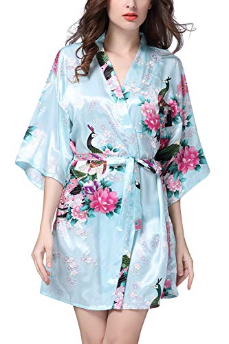 YAOMEI Damen Morgenmantel Kimono, Seidig Satin Nachtwäsche Bademantel Robe mit Peacock und Blume Kimono Negligee Seidenrobe locker Schlafanzug, Kurz Stil (XX-Large, Hellblau) von YAOMEI