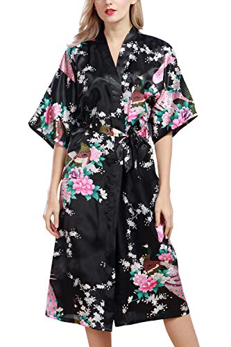 YAOMEI Damen Morgenmantel Kimono, Seidig Satin Nachtwäsche Bademantel Robe mit Peacock und Blume Kimono Negligee Seidenrobe locker Schlafanzug, Lange Länge (3XL, Schwarz) von YAOMEI