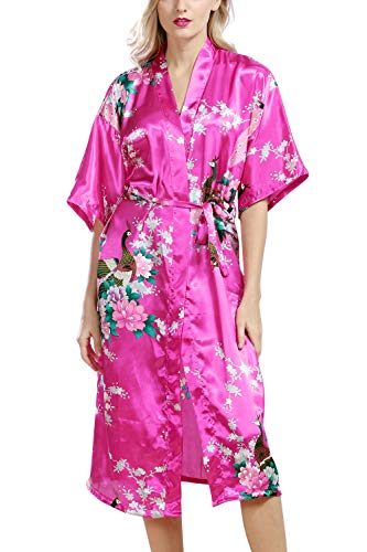 YAOMEI Damen Morgenmantel Kimono, Seidig Satin Nachtwäsche Bademantel Robe mit Peacock und Blume Kimono Negligee Seidenrobe locker Schlafanzug, Lange Länge (L, Rose) von YAOMEI