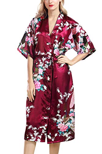 YAOMEI Damen Morgenmantel Kimono, Seidig Satin Nachtwäsche Bademantel Robe mit Peacock und Blume Kimono Negligee Seidenrobe locker Schlafanzug, Lange Länge (M, Dunkelrot) von YAOMEI