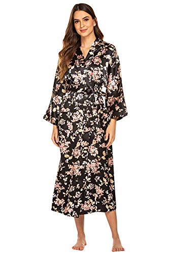 YAOMEI Damen Morgenmantel Kimono In voller Länge, Seidig Satin Nachtwäsche Bademantel Robe Blüten gedruckt Kimono Negligee Seidenrobe locker Schlafanzug (L, Schwarz mit roten Blüten) von YAOMEI