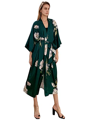 YAOMEI Damen Morgenmantel Kimono In voller Länge, Seidig Satin Nachtwäsche Bademantel Robe Drucken Kimono Negligee Seidenrobe locker Schlafanzug Erweiterte Version (One Size, Grün) von YAOMEI