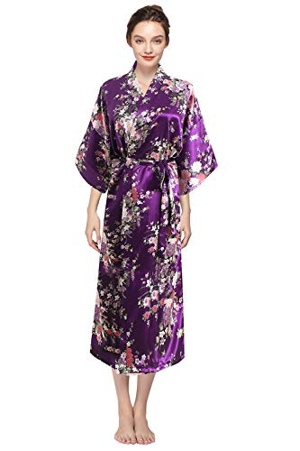 YAOMEI Damen Morgenmantel Kimono In voller Länge, Seidig Satin Nachtwäsche Bademantel Robe Peacock und Blume Kimono Negligee Seidenrobe locker Schlafanzug Erweiterte Version (One Size, A-Lila) von YAOMEI