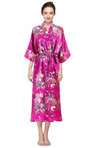 YAOMEI Damen Morgenmantel Kimono In voller Länge, Seidig Satin Nachtwäsche Bademantel Robe Peacock und Blume Kimono Negligee Seidenrobe locker Schlafanzug Erweiterte Version (One Size, A-Rose) von YAOMEI