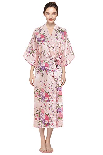 YAOMEI Damen Morgenmantel Kimono In voller Länge, Seidig Satin Nachtwäsche Bademantel Robe Peacock und Blume Kimono Negligee Seidenrobe locker Schlafanzug Erweiterte Version (XL (44-52EU), Rosa) von YAOMEI