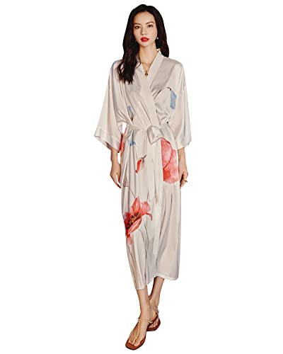 YAOMEI Damen Morgenmantel Länge Kimono In voller, Seidig Satin Nachtwäsche Bademantel Robe Blüten gedruckt Negligee Seidenrobe locker Schlafanzug Erweiterte Version (Weiß) von YAOMEI